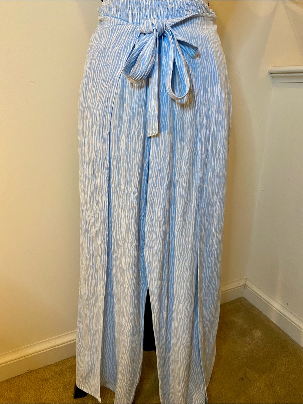 Blue & White Striped Beach Wide-Leg Palazzo Elastic Tie-Waist Pants